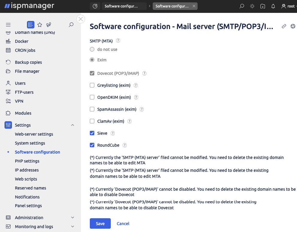 The window for manual mail configuration in ispmanager